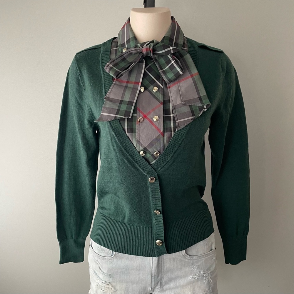 Psalter 100% Wool Knit Cardigan Sweater Pussybow Forest Green Plaid Tartan Prep